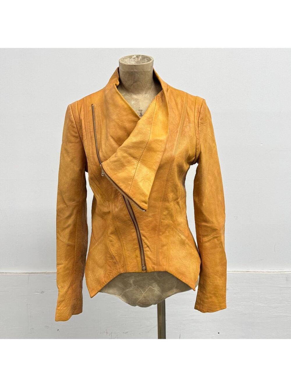 Vintage Tan Funnel Neck Asymmetric Avant Garde Leather Jacket - Picture 5 of 8